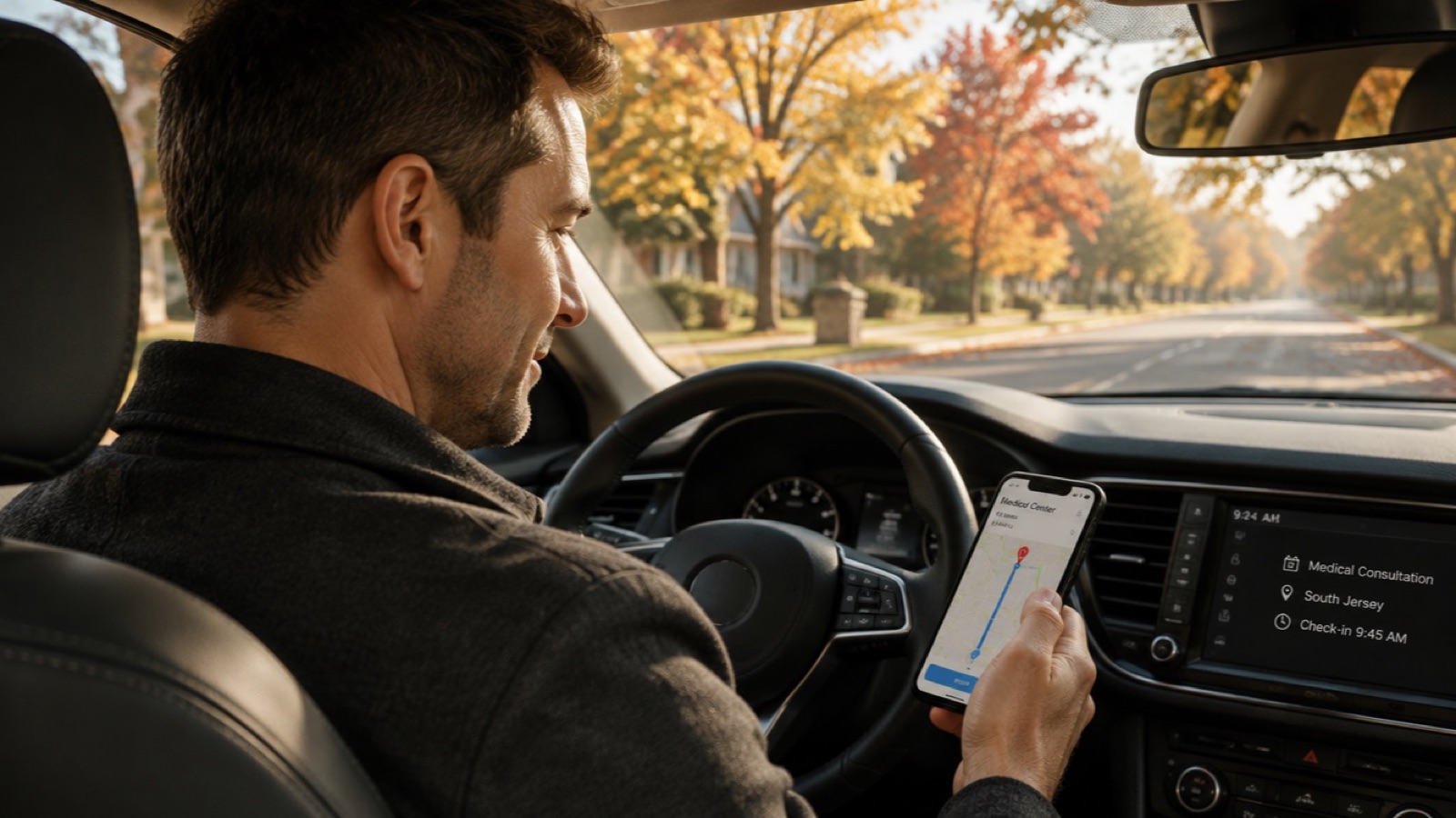 Man in a parked car on a tree-lined autumn street checking directions on his phone before a hair transplant consultation