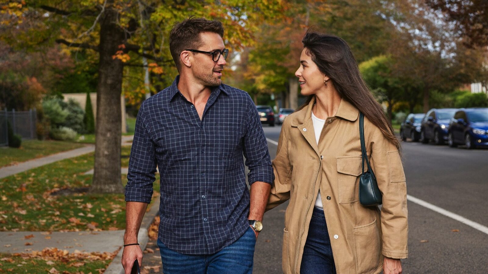 Man and woman in their 40s walking together on a tree-lined suburban street in autumn