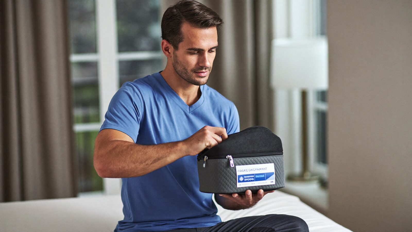 Man in his 30s zipping up a small travel bag on his bed at home
