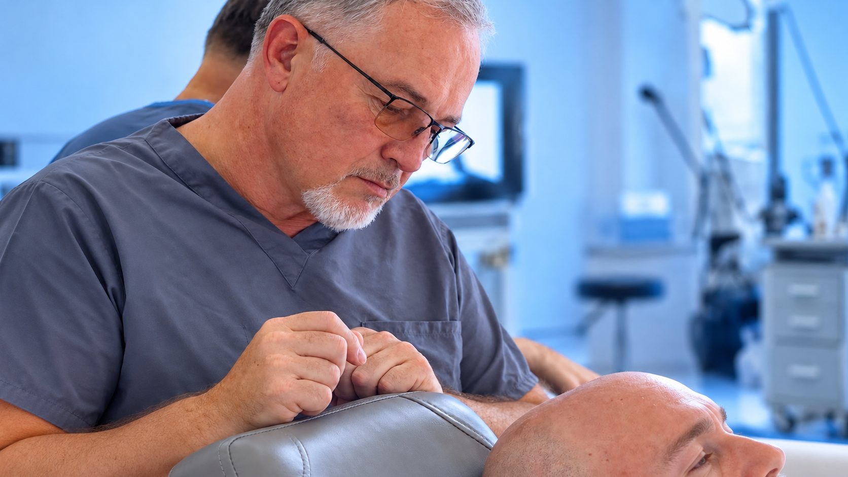 Dr. Val Prokurat, MD examining a patient's hairline ahead of a DHI hair transplant at Nova Medical New Jersey